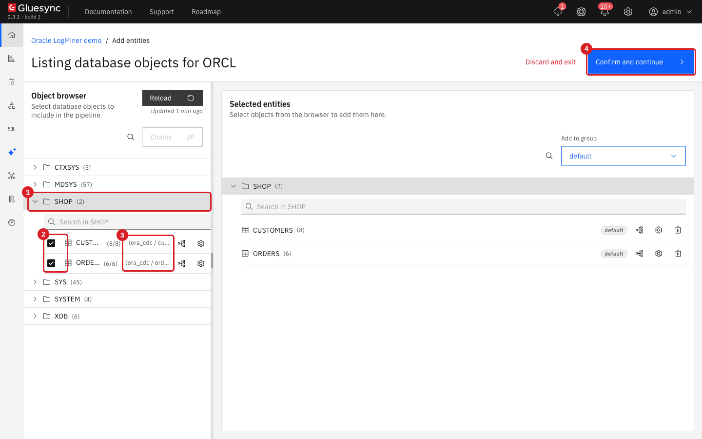 Object browser with the schema SHOP expanded