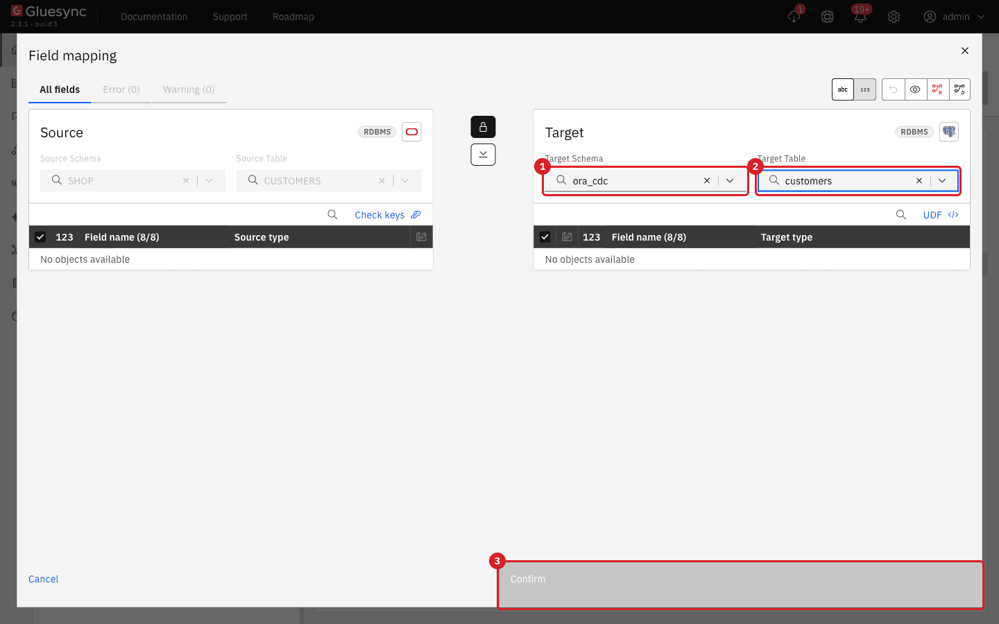 Field mapping dialog with the source SHOP.CUSTOMERS on the left and the target ora_cdc.customers on the right