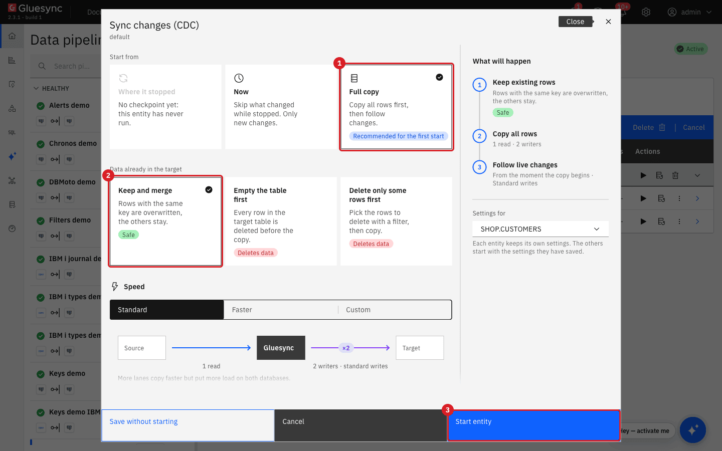 Sync changes (CDC) dialog with the Full copy tile marked 1