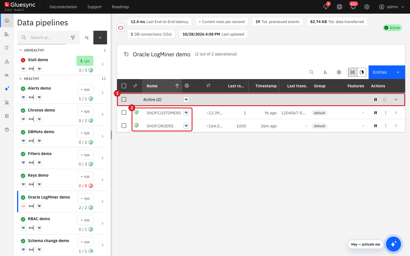 Entity table with SHOP.CUSTOMERS and SHOP.ORDERS in the Active group with the green CDC icon