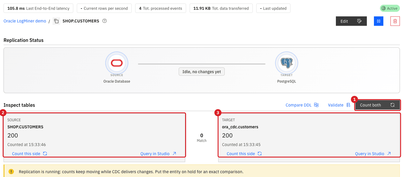 Entity detail page of SHOP.CUSTOMERS with Count both marked 1