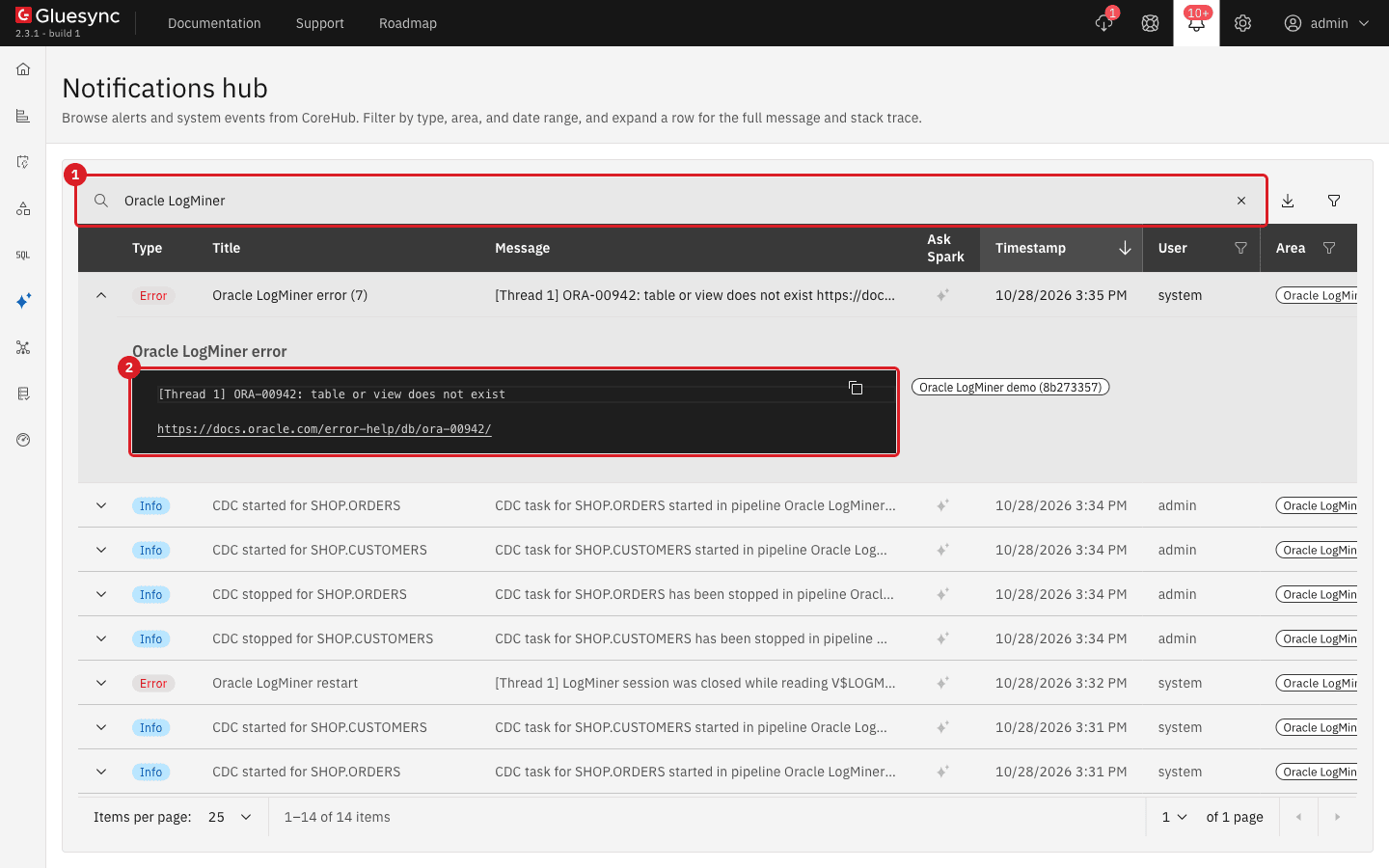 Notifications hub filtered by Oracle LogMiner with the row Oracle LogMiner error expanded and showing ORA-00942 table or view does not exist