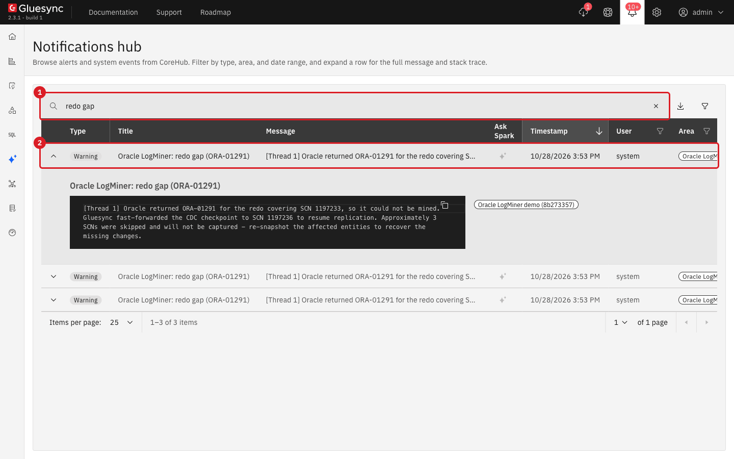 Notifications hub filtered by redo gap with the warning Oracle LogMiner redo gap ORA-01291 expanded
