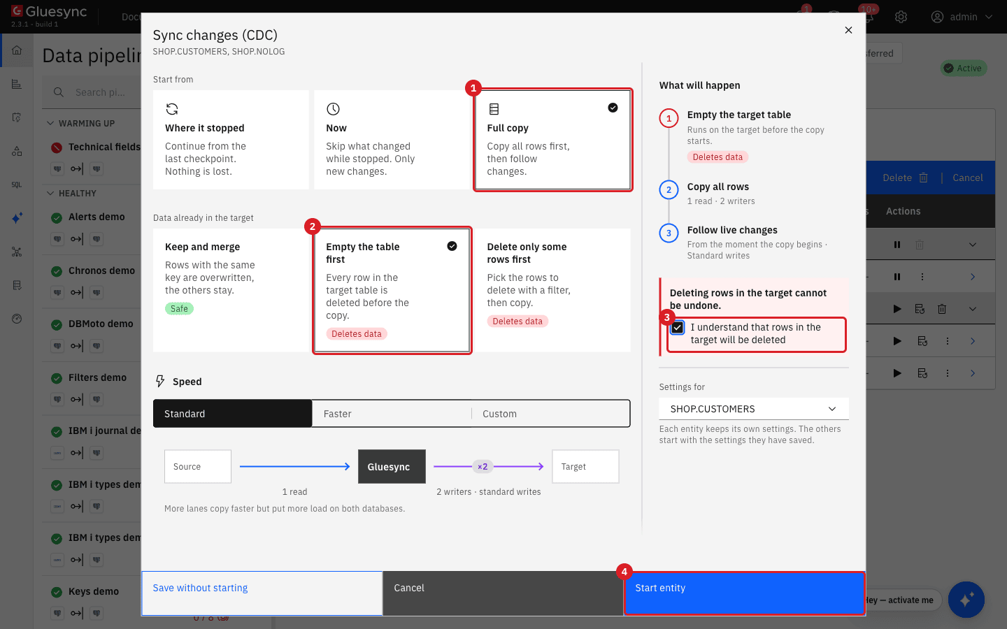 Sync changes (CDC) dialog for SHOP.CUSTOMERS and SHOP.NOLOG with Full copy marked 1