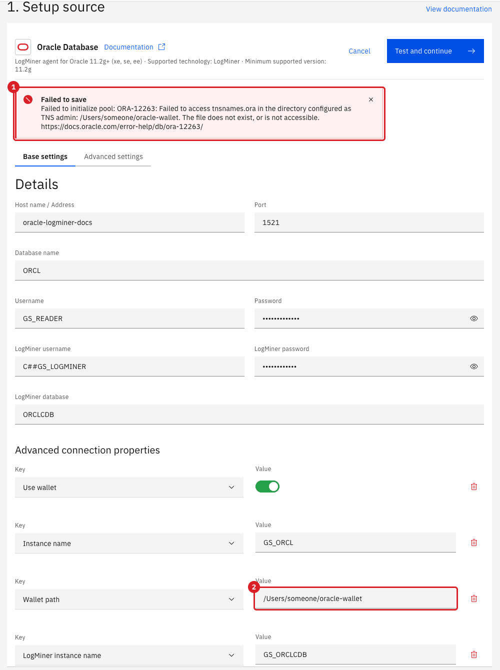 Source connection form with Use wallet switched on
