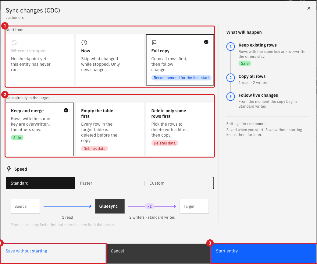 Sync changes (CDC) dialog with the Start from tiles marked 1