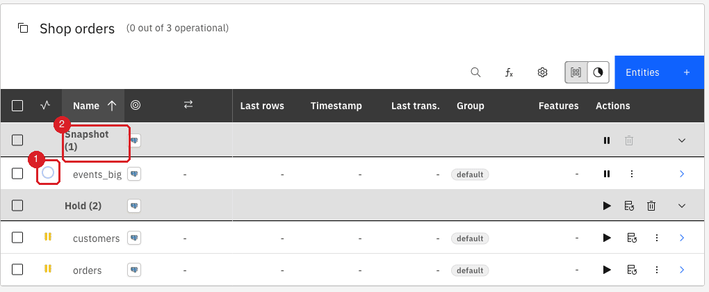 Entity table with one entity in the Snapshot group and a ring status icon