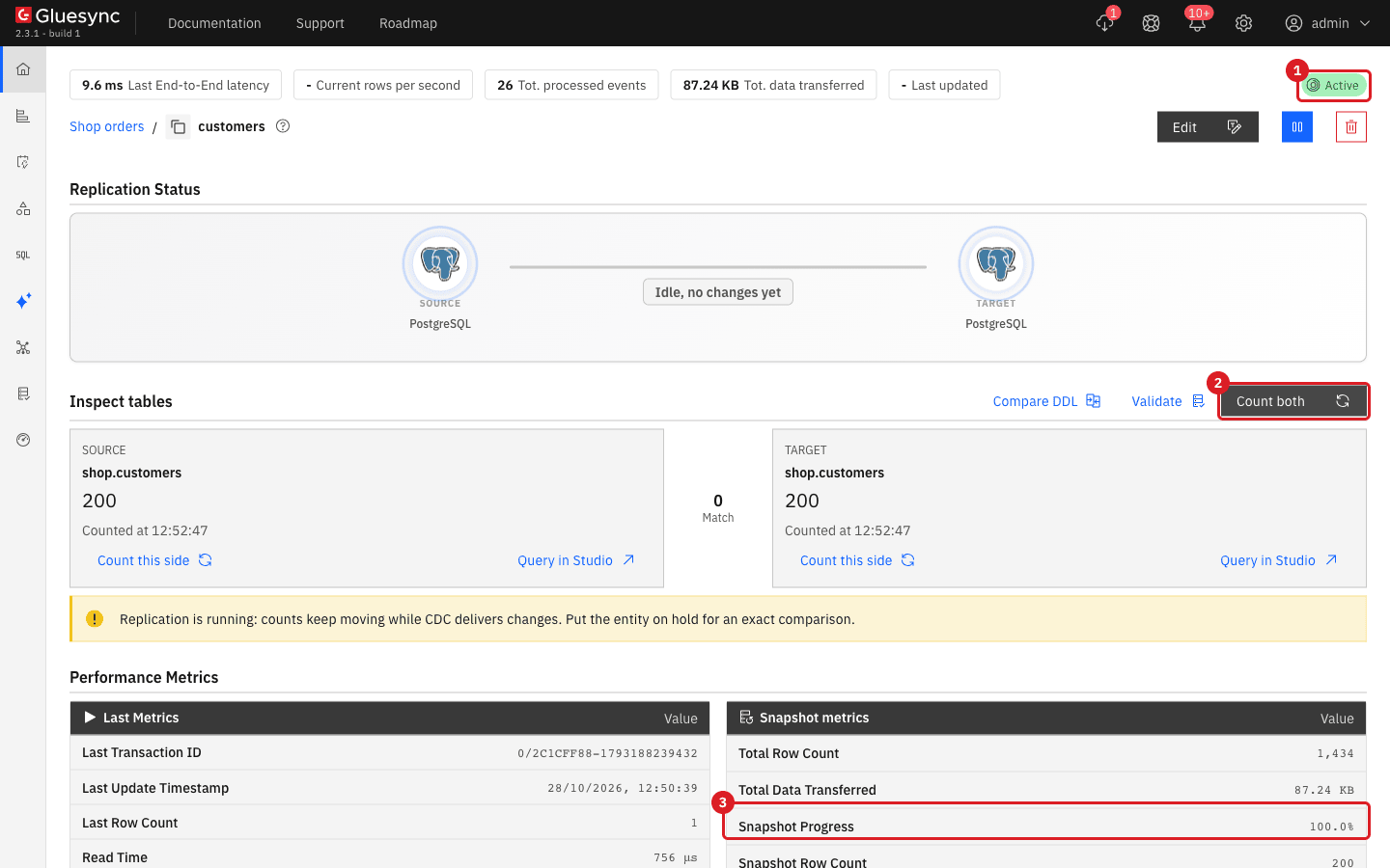 Entity detail page of customers with the Active badge marked 1