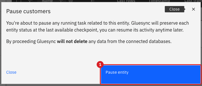 Pause customers dialog explaining that the checkpoint is preserved and that no data is deleted