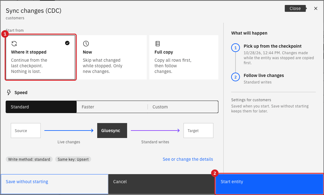 Sync changes (CDC) dialog with Where it stopped selected and marked 1 and the Start entity button marked 2