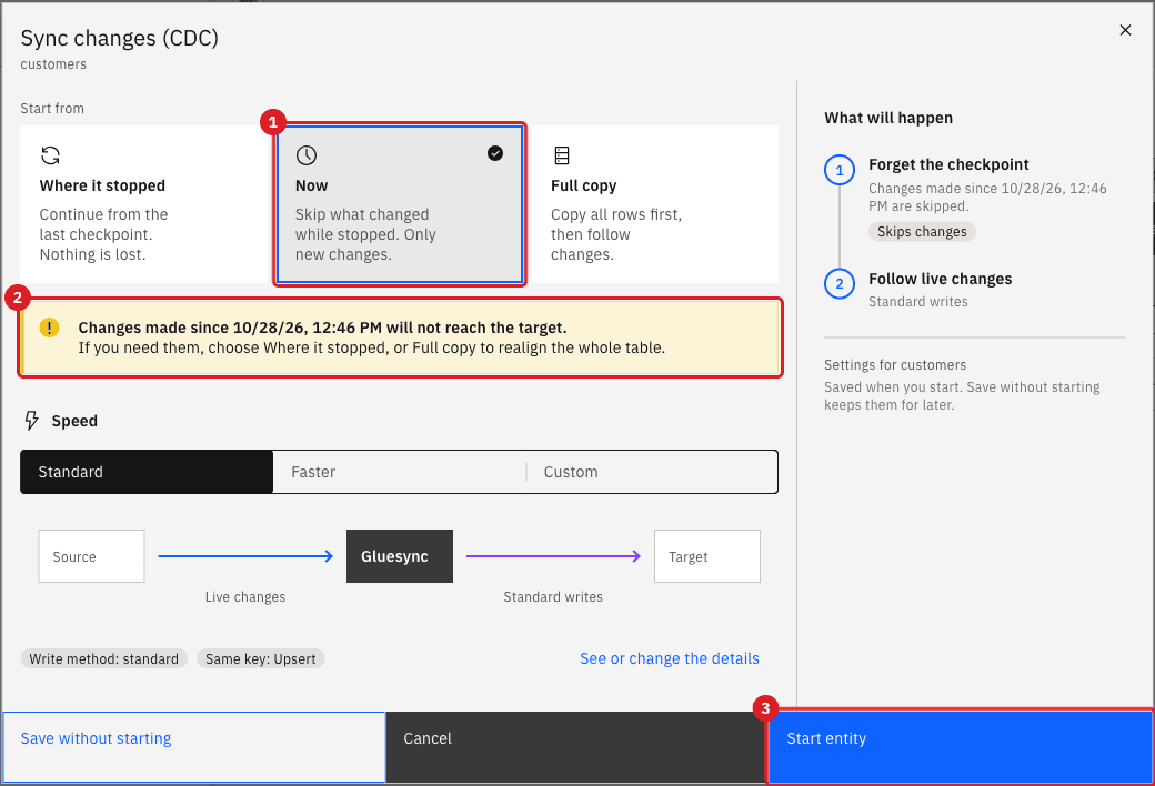 Sync changes (CDC) dialog with the Now tile marked 1