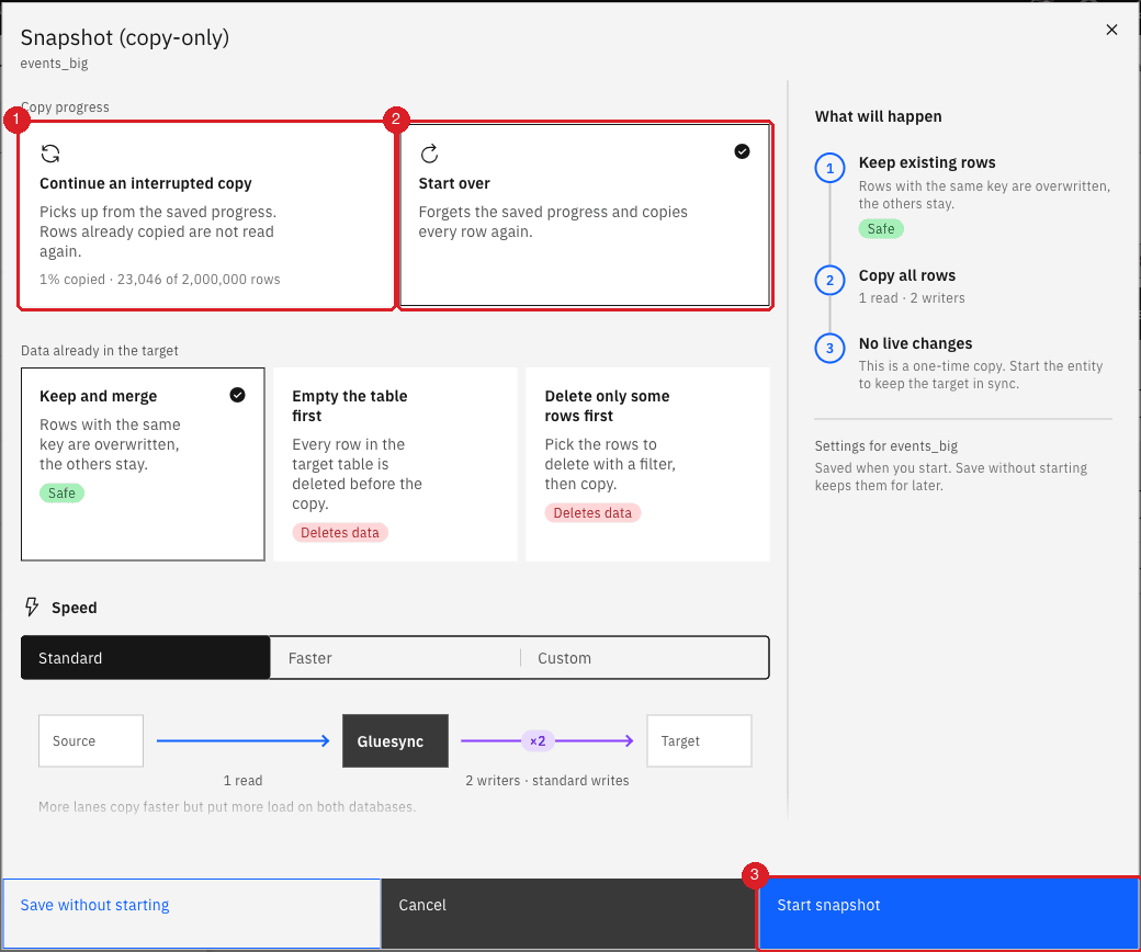Snapshot (copy-only) dialog for a large table with the Continue an interrupted copy tile marked 1