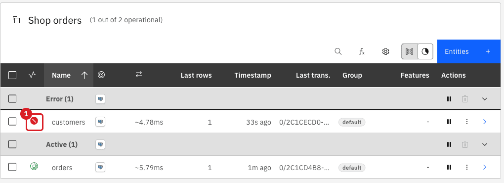 Entity table with customers in the Error group with a red status icon marked 1 and orders in the Active group
