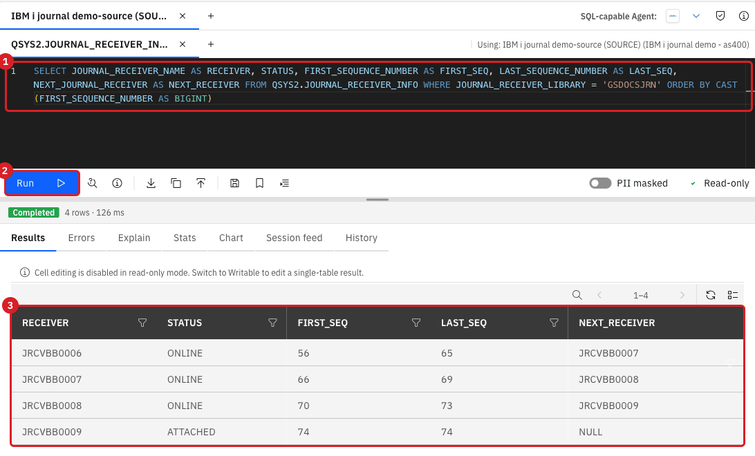 Query Studio on the IBM i journal demo source agent with the receiver query marked 1