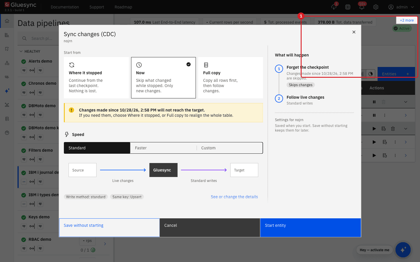 Sync changes dialog for the nojrn entity with the red Missing Journal Table Definition notification marked 1