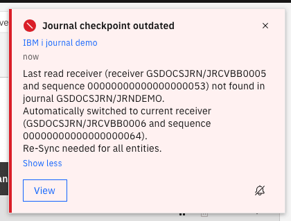 Journal checkpoint outdated notification: last read receiver GSDOCSJRN/JRCVBB0005 and sequence 53 not found