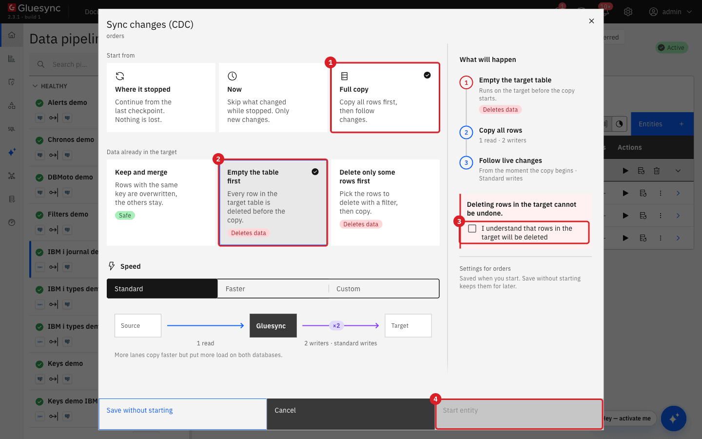 Sync changes dialog with Full copy marked 1