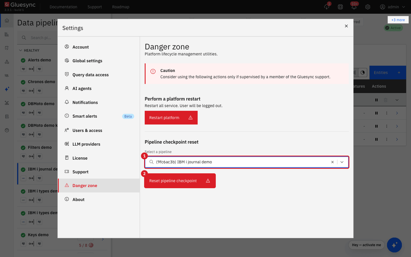 Settings dialog on Danger zone with the pipeline selector of Pipeline checkpoint reset marked 1 and the Reset pipeline checkpoint button marked 2