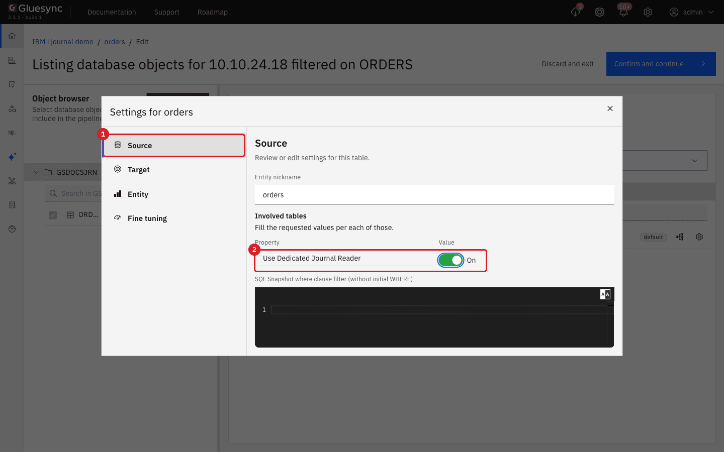 Settings for orders dialog on the Source tab with the Source tab marked 1 and the Use Dedicated Journal Reader switch set to On marked 2