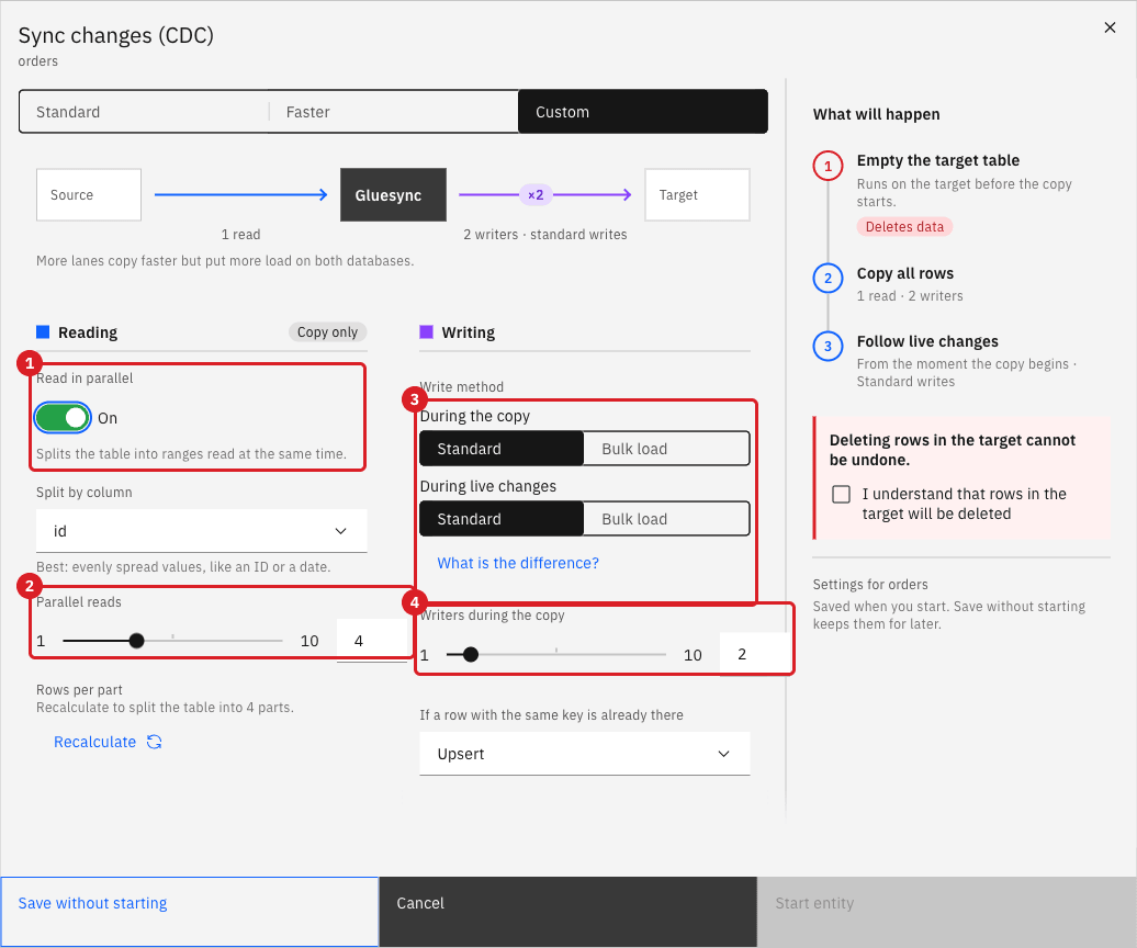 Sync changes dialog with Custom speed selected