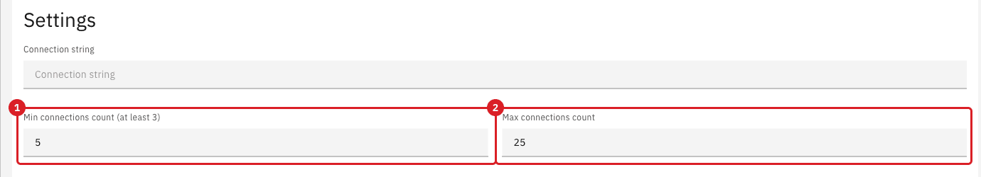 Settings section of the Edit target page showing Min connections count with value 5 marked 1 and Max connections count with value 25 marked 2