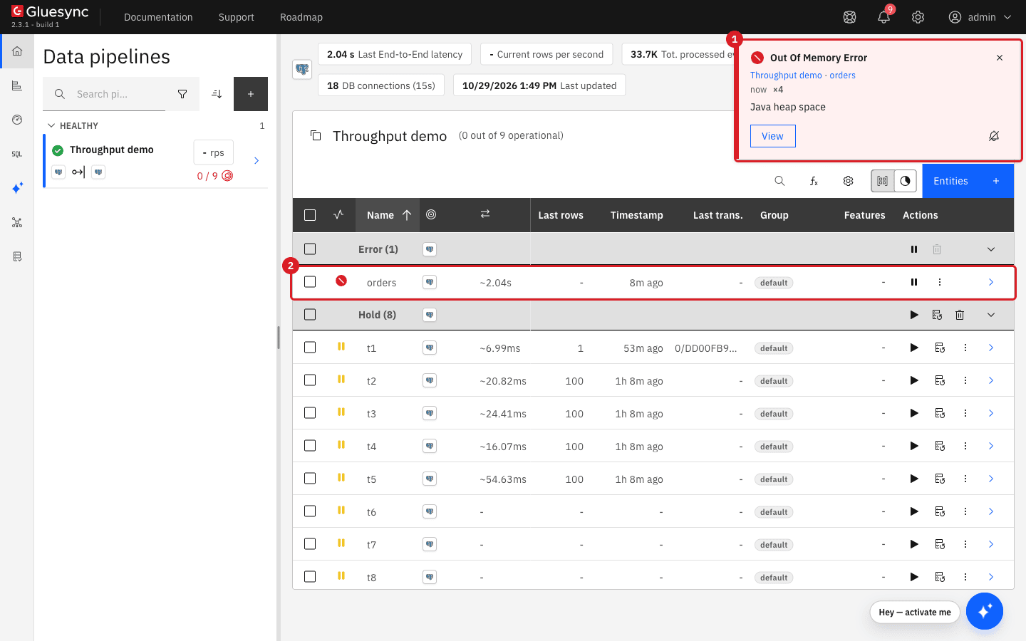 Control Plane pipeline page with the Out Of Memory Error toast marked 1 and the entity orders listed under Error marked 2