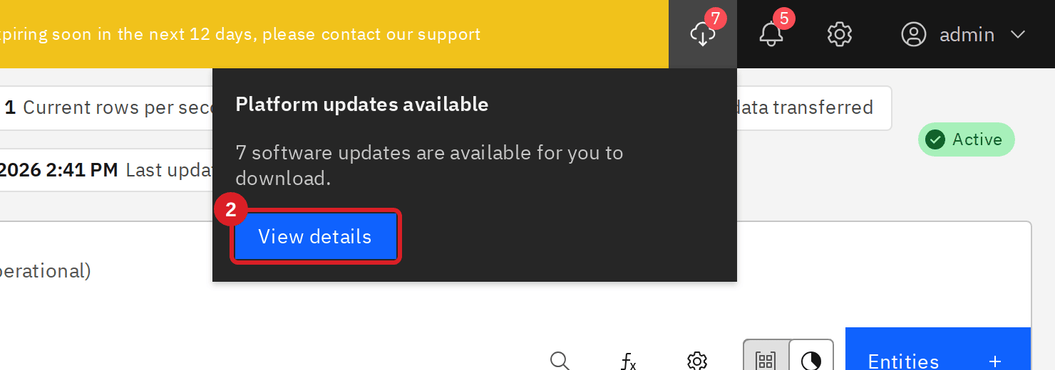 Platform updates alert with the View details button marked by annotation 2