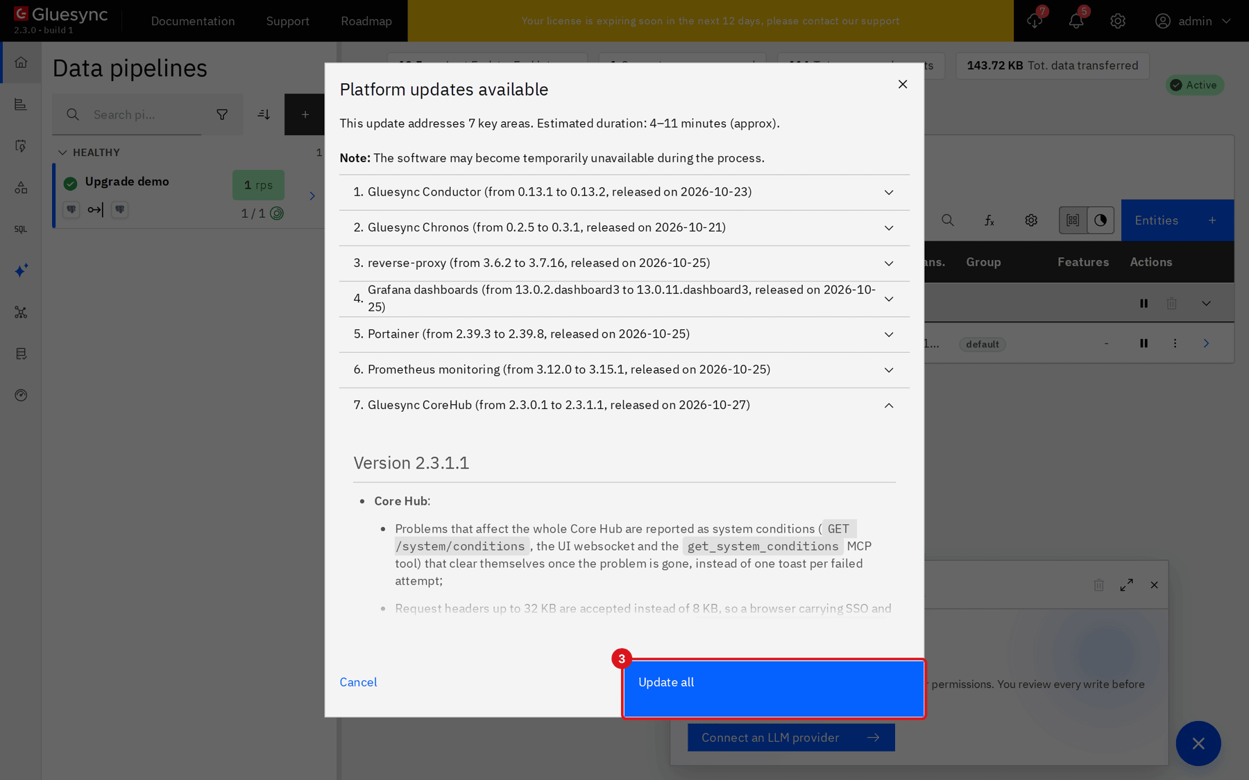 Platform updates available window listing seven services with Update all marked by annotation 3