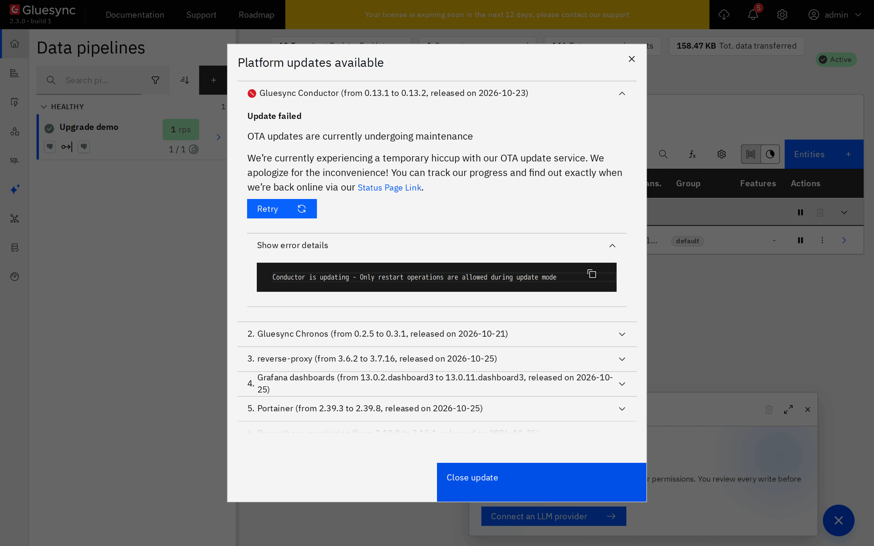 Platform updates window with the Gluesync Conductor item marked as failed