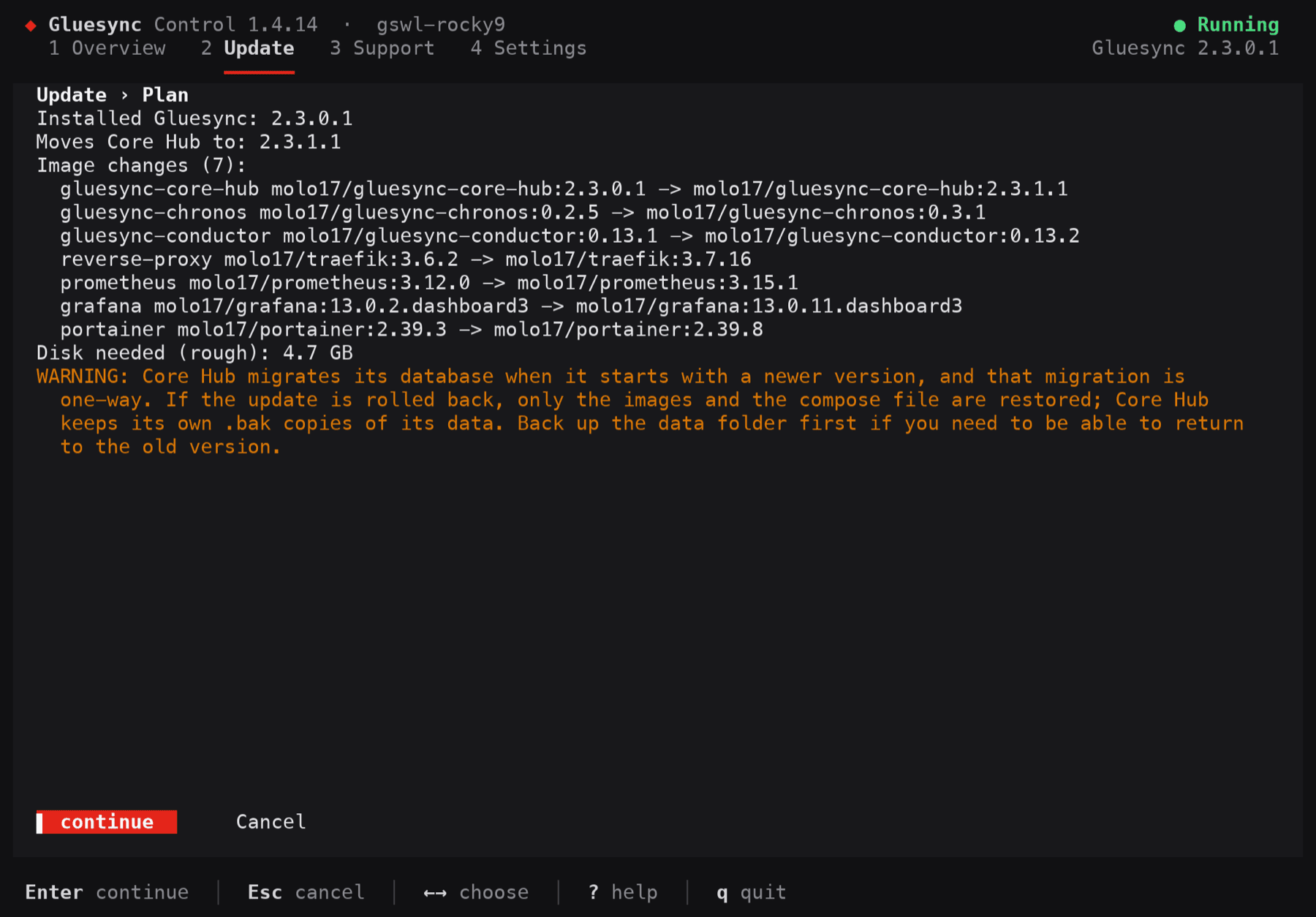 Gluesync Control terminal screen on the Update tab showing the plan to update from 2.3.0.1 to 2.3.1.1 with seven image changes
