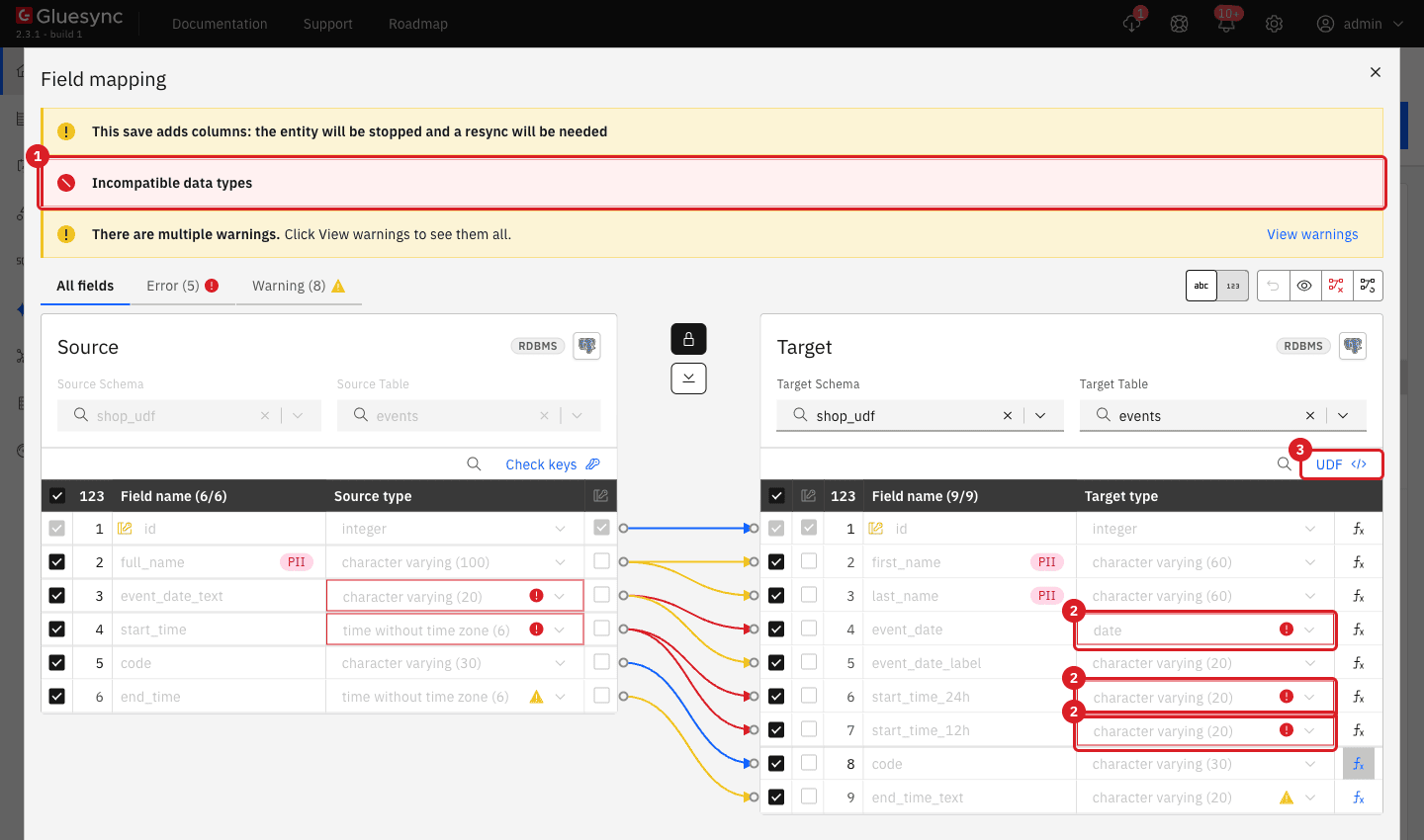 Field mapping dialog with the Incompatible data types banner marked 1