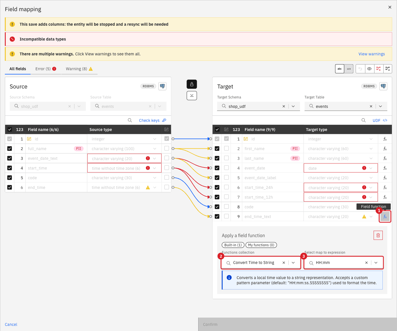 Apply a field function panel on end_time_text with the fx button marked 1