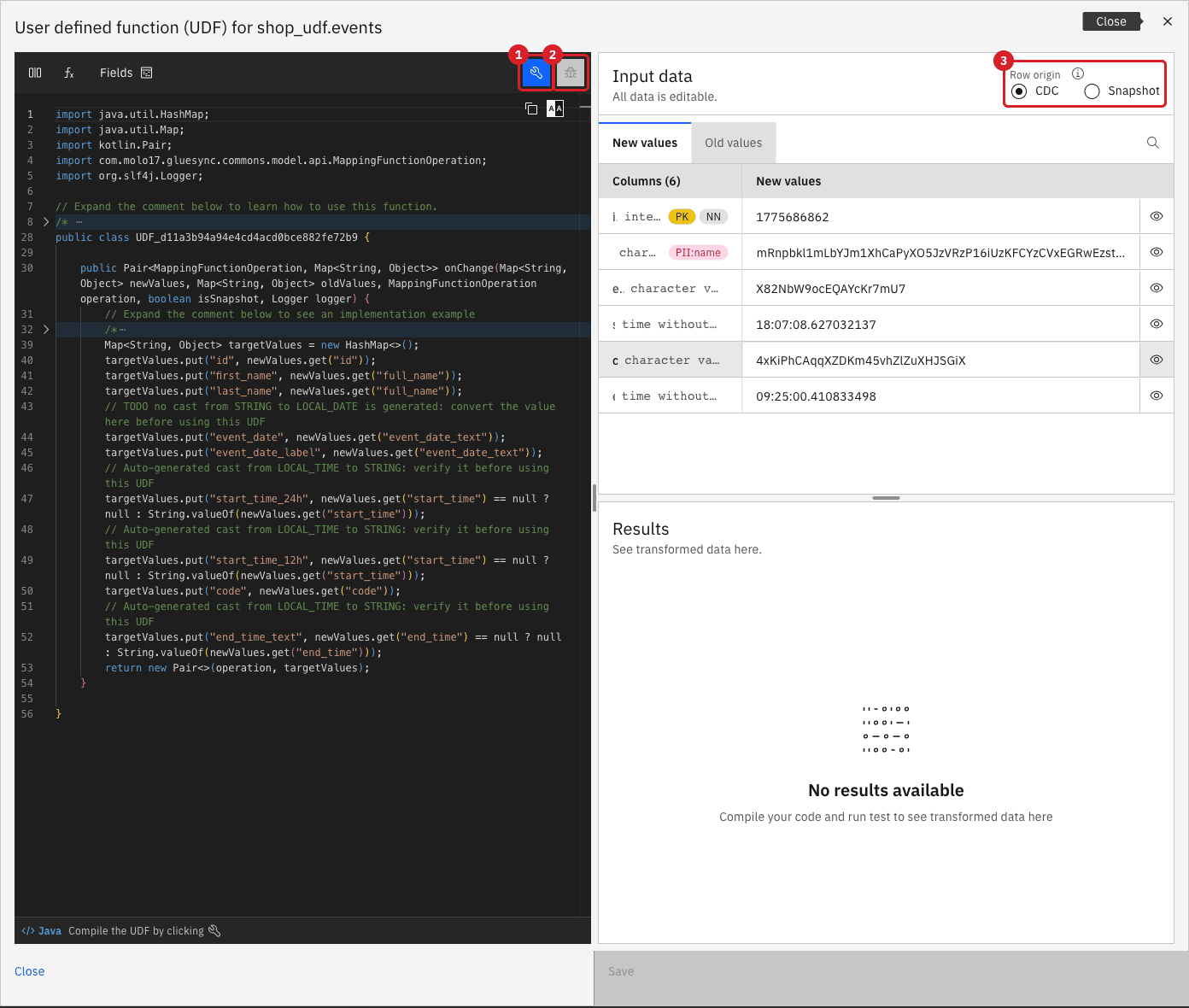 UDF editor with the generated Java code