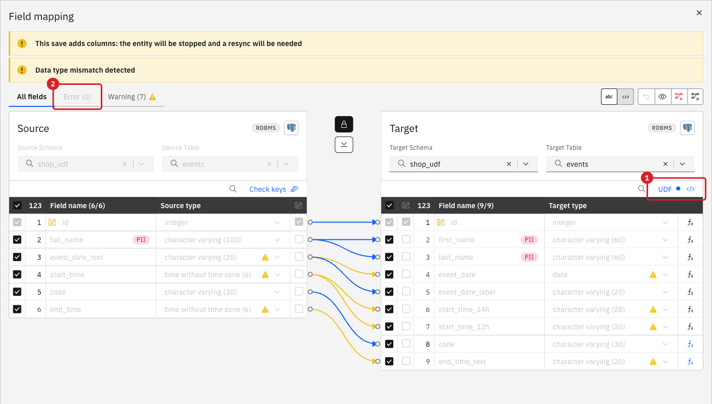 Field mapping dialog with the UDF button showing a dot