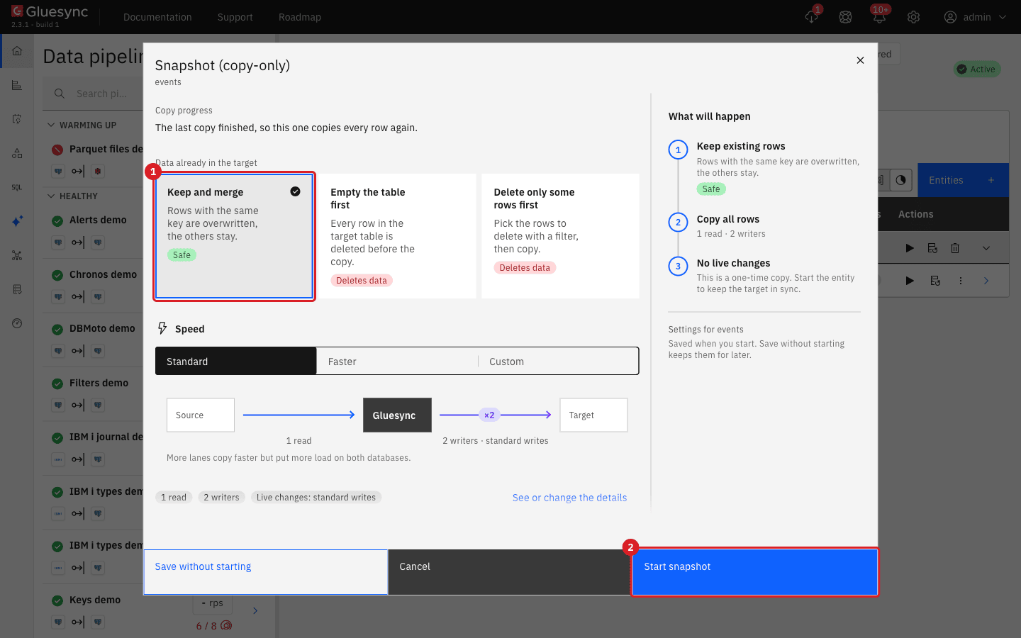 Snapshot copy-only dialog with Keep and merge marked 1 and the Start snapshot button marked 2