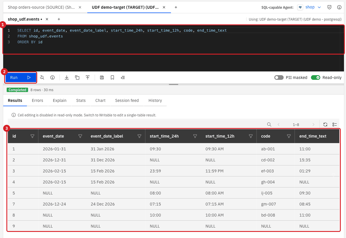 Query Studio with the query on shop_udf.events marked 1