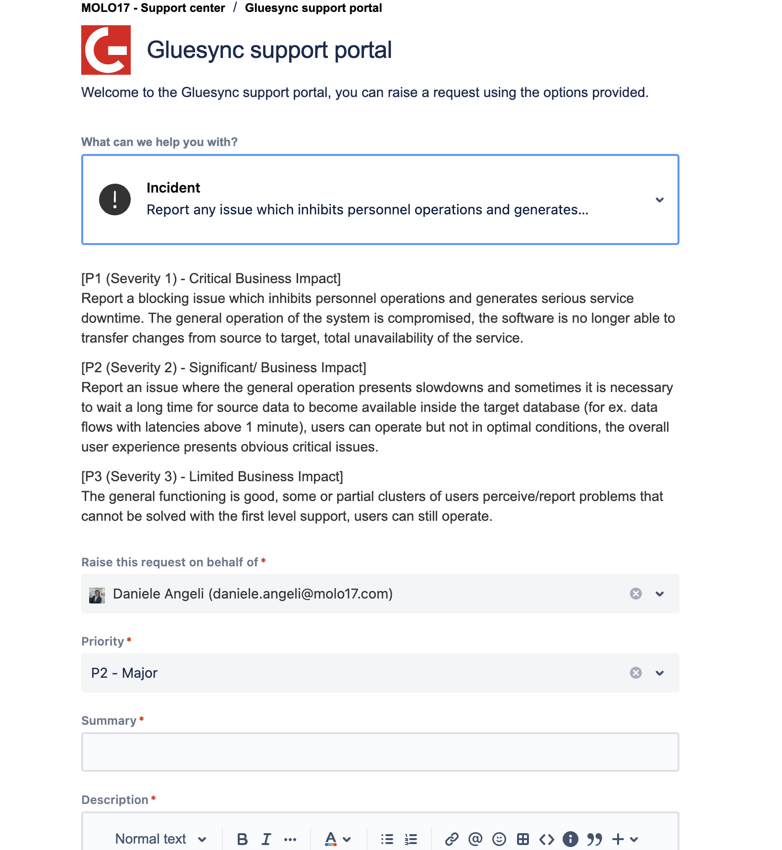 Support portal home page