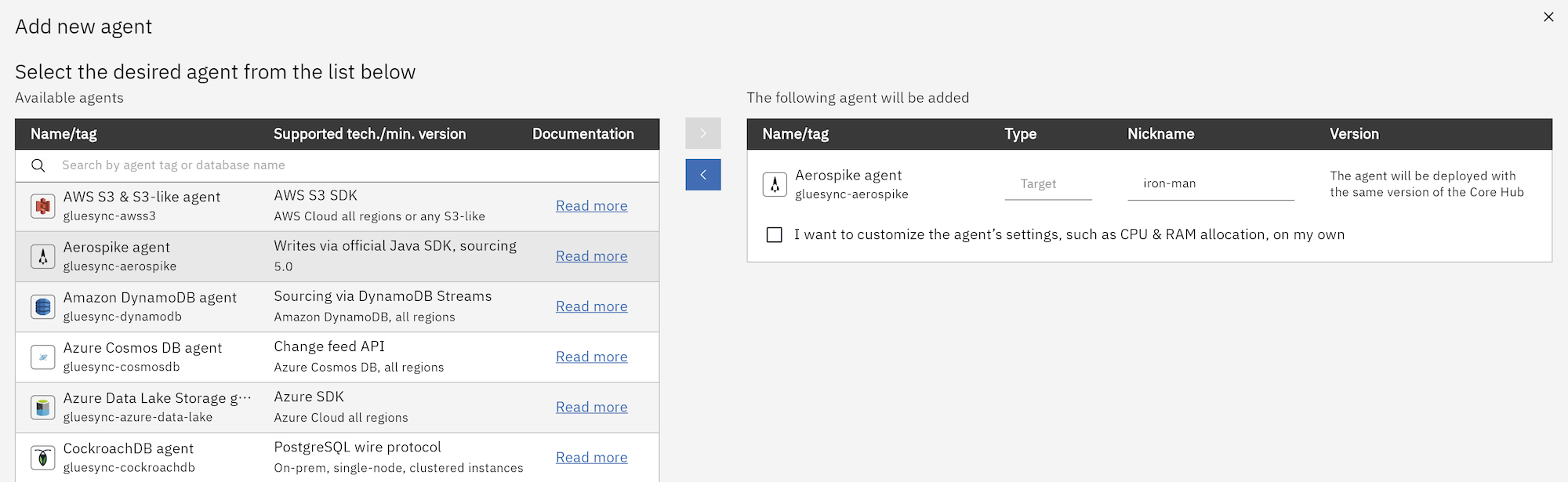 Agent selection panel
