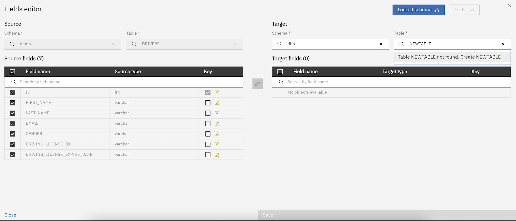 Table creation wizard interface