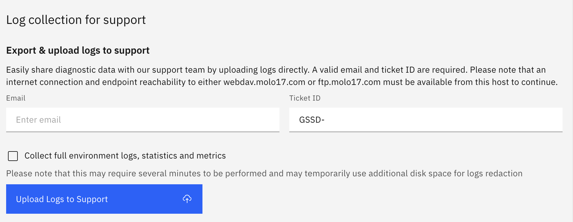 Collect and send logs to MOLO17 support