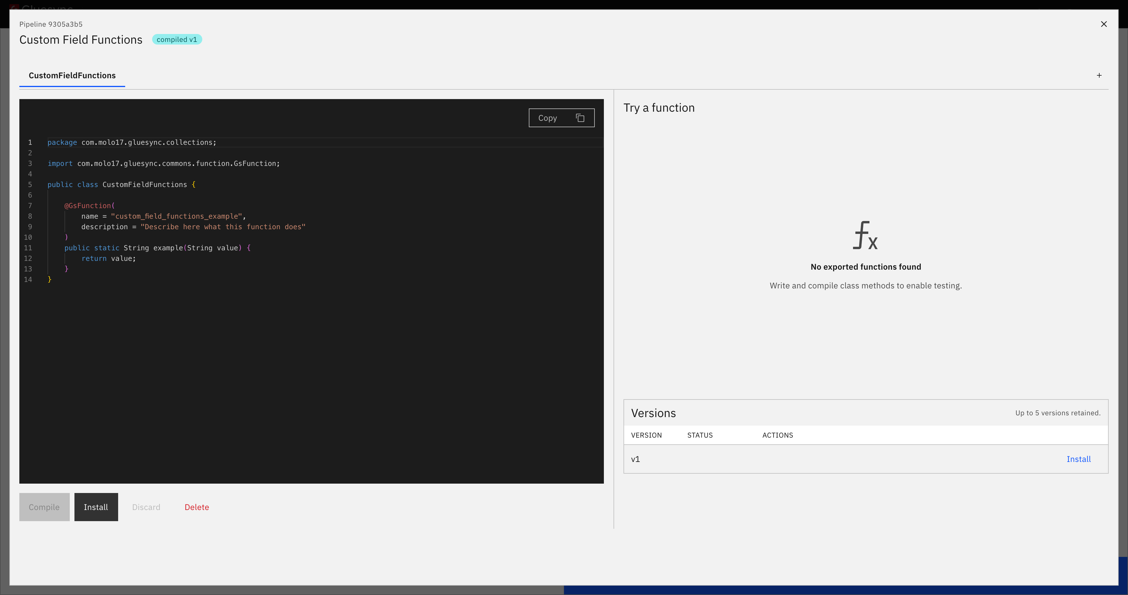 Custom Field Functions editor showing the Java code editor and Try a function panel