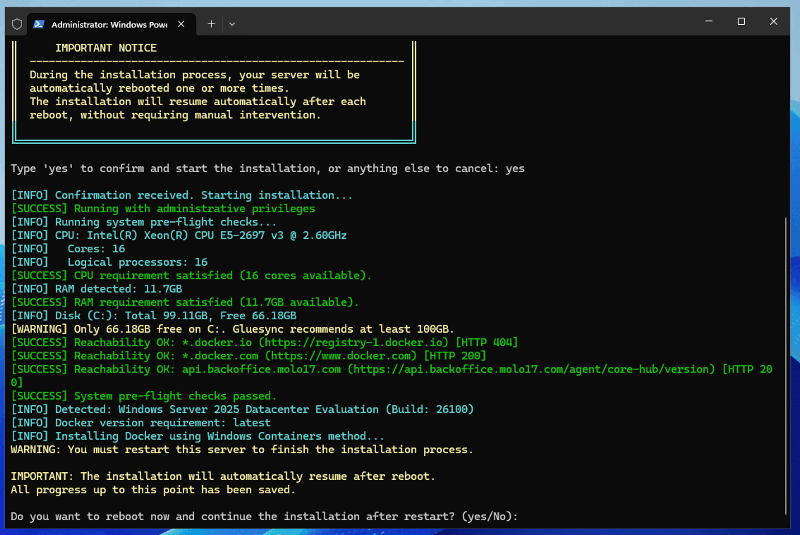 System pre-flight checks and reboot prompt